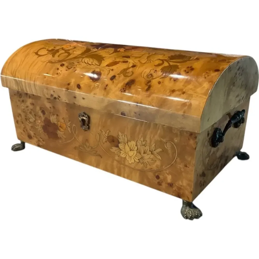 Pristine Italian Inlayed Wood Music Box 2 Level Jewelry Box Plays Isle Of Capri